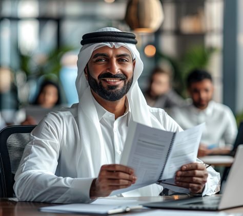 man-sits-table-with-laptop-paper-his-hand